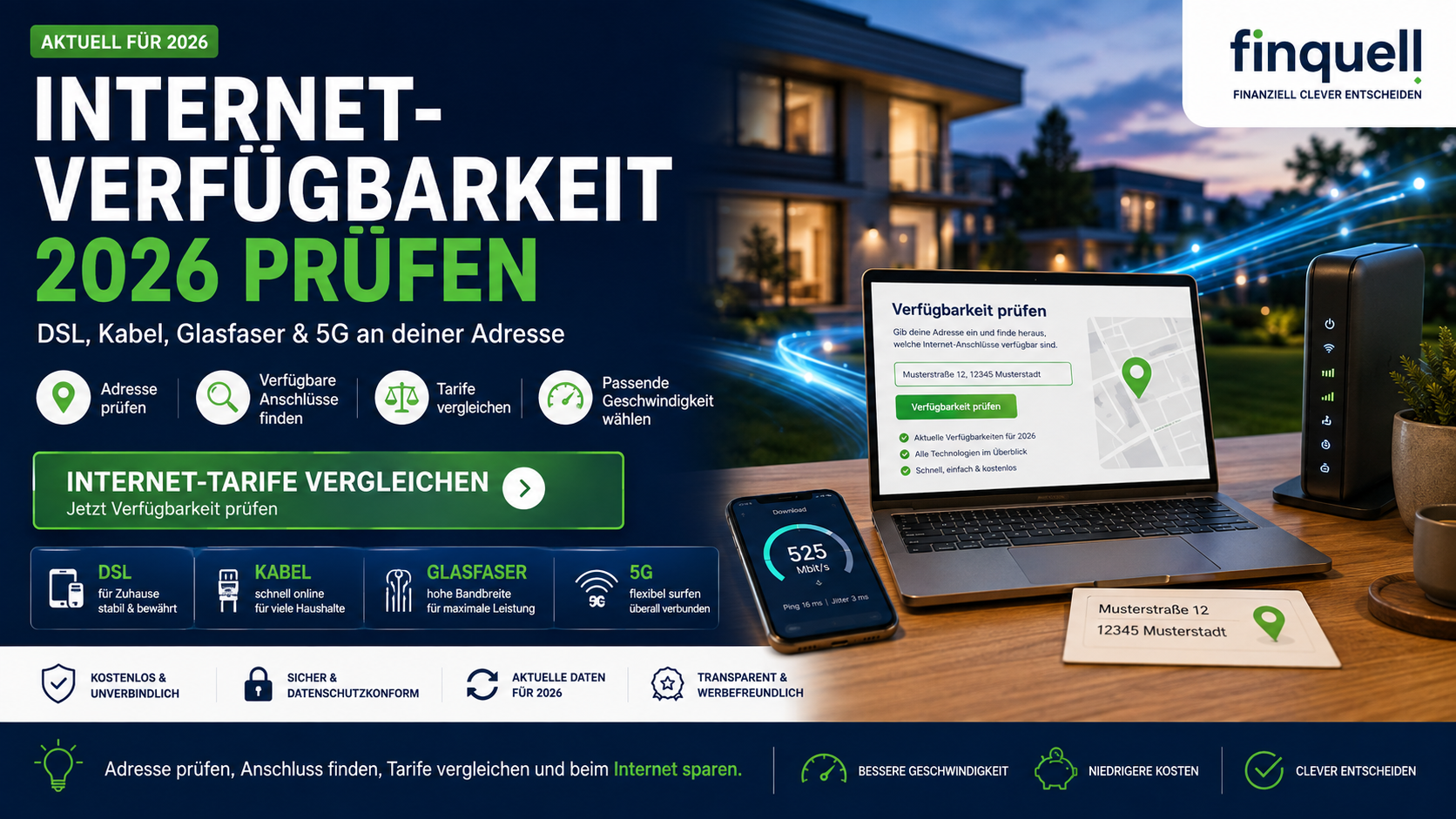 Internet-Verfügbarkeit 2026 prüfen – DSL, Kabel, Glasfaser & 5G