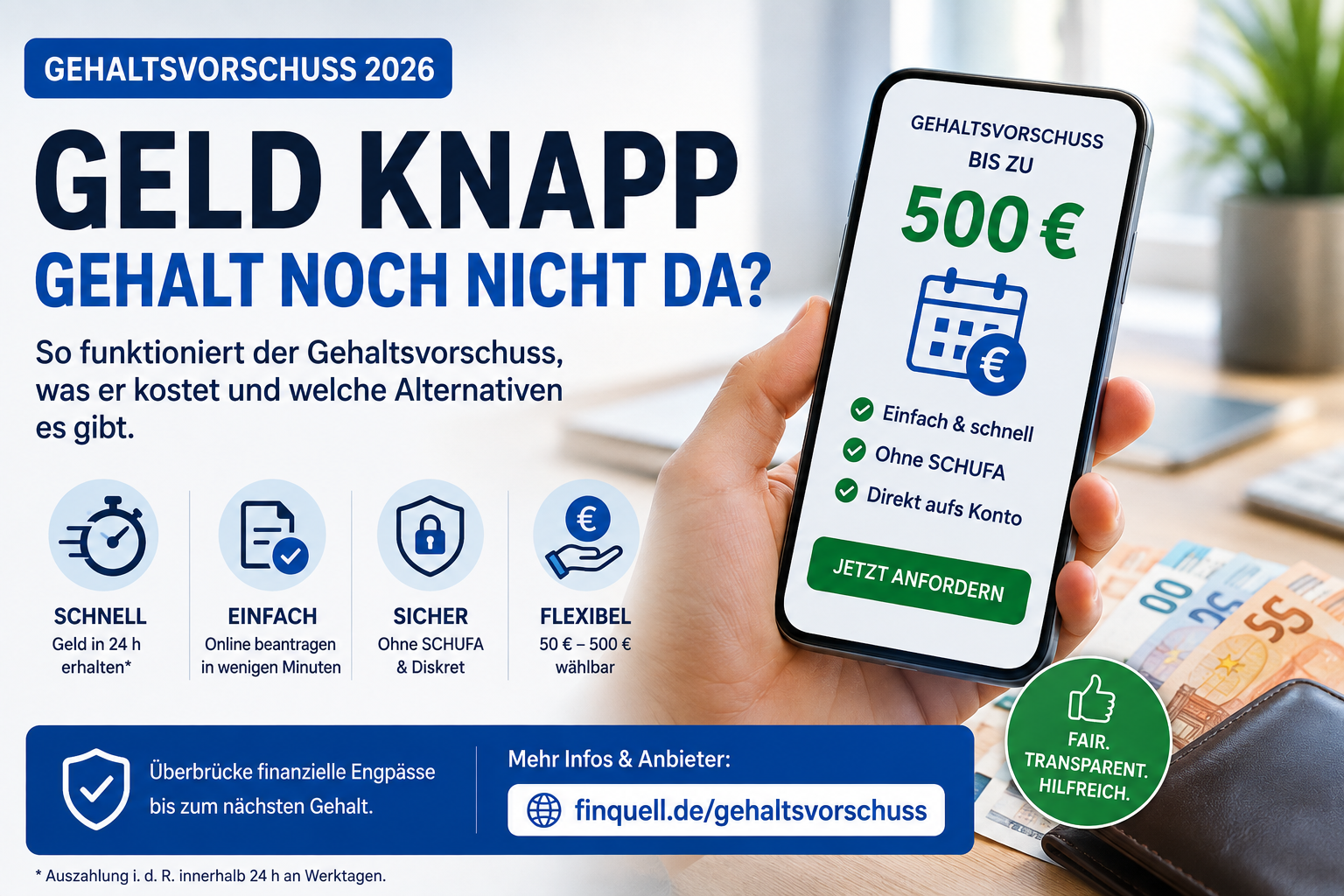 Gehaltsvorschuss 2026 – Geld vor dem Zahltag, Kosten & SCHUFA